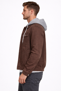 Veste en jean marron à capuche pour homme de qualité supérieure, style décontracté d'inspiration vintage avec doublure douce grise, lisse et durable - Product Image 2