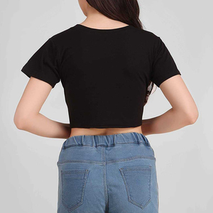 T-shirt court noir pour femme, manches courtes, col rond, broderie papillon, décontracté, été, coupe ajustée, 100% coton jersey - Product Image 2