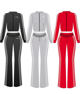 <b>Women</b> Tracksuit Set Full Length Flare Pants Side Pockets Striped Design Hooded Zipper <b>Jacket</b> Casual Wear Autumn Style Washed - Product Image 5
