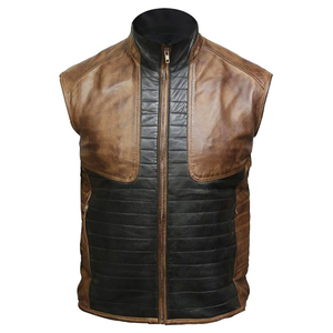 <b>Men's</b> Brown Black Genuine Leather Quilted <b>Vest</b> Stand Collar Full Zip Moto Biker Style Autumn Outerwear OEM Leather <b>Vest</b> - Product Image 2