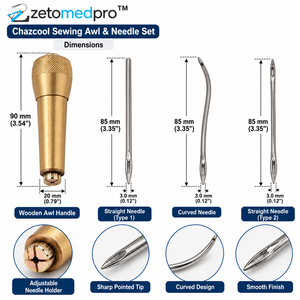 Juego de 4 agujas de coser de cuero con mango de madera y 3 agujas intercambiables con puntas rectas y curvas de acero inoxidable ZETOMEDPRO - Product Image 4