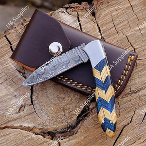 Cuchillo de bolsillo plegable EDC de acero de Damasco hecho a mano, nuevo diseño 2026, de venta caliente, con punta caída y mango de madera de Pakka oliva, OEM industrial - Product Image 3