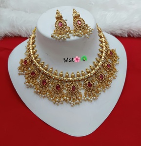 South Indian Antique Matte Gold Plated Choker <b>Necklace</b> <b>Ruby</b> set Gemstone Oval <b>Necklace</b> with Pearl Clusters and Matching earring - Product Image 1