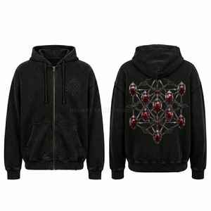 Sweat à capuche noir personnalisé à fermeture éclair intégrale avec broderie graphique géométrique en cristal pour homme, coupe oversize, effet délavé, style streetwear - Fournisseur - Product Image 1