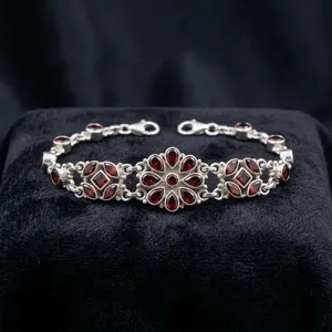 Floral Garnet 925 Sterling Silver Chain <b>Bracelet</b> Women's Classic Everyday Wear Jewelry - Product Image 5