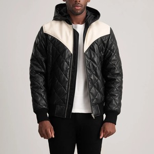 Blouson bomber matelassé à capuche pour homme RELEVO INDUSTRIES en cuir PU, color block, coupe-vent, fermeture éclair, hiver - Product Image 5