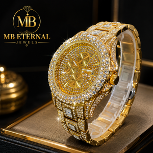 นาฬิกาข้อมือผู้ชาย MB ETERNAL Luxury Gold Diamond รุ่นหรูหรา ขนาด 45 มม. หน้าปัดทรงกลม ระบบโครโนกราฟ อนาล็อก ควอตซ์ พร้อมกระจกแซฟไฟร์ และตัวล็อคแบบพับได้ - Product Image 1
