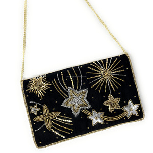 Pochette perlée Starburst noire faite à la main or argent paillettes pliable sac à main de soirée sac cadeau de mariée sangle de chaîne Durable - Product Image 2