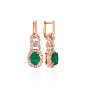 18K Rose Gold Emerald Oval Cut <b>Dangle</b> <b>Earrings</b> with Round Cut Lab Grown <b>Diamond</b> Halo Geometric Link Design Luxury Jewelry - Product Image 2
