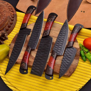 New J2 Stainless Steel <b>Sharp</b> Powder Coated Hammered Blade 5-Piece Ambidextrous Professional Kitchen Chef <b>Knives</b> <b>Set</b> W/Resin Wood - Product Image 2
