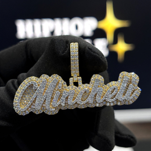 <b>Custom</b> Iced Out Script <b>Name</b> Pendant 925 Sterling Silver VVS Moissanite Raised Layer Hip Hop <b>Necklace</b> Yellow Gold Unisex Designer - Product Image 5