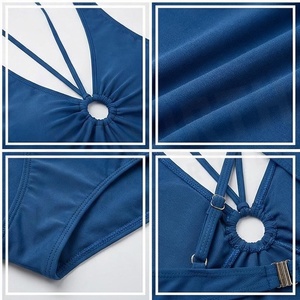 Women's Blue One-Piece Swimsuit With <b>Crossed</b> Halter Neckline And Hollow Out Design Stretchy Solid Swimwear - Product Image 4