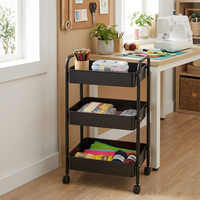 Chariot de rangement portable à trois niveaux en métal et plastique PP avec roulettes pour la maison, le bureau, la salle d'artisanat – Design minimaliste, facile à nettoyer