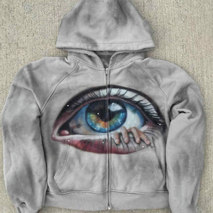 Sweat à capuche zippé intégral personnalisé pour homme, en coton 100% grammage lourd, délavé à l'acide, avec imprimé œil, style streetwear, coupe oversize, haute qualité, 2026 OEM - Product Image 4
