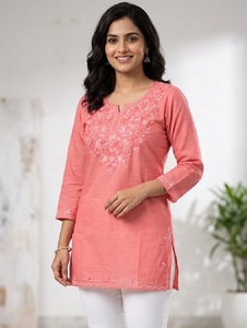 Women Daily Wear Pink Cotton Short Kurtis With Embroidery Traditional Indian Casual <b>Top</b> Regular Fit Midi Length Tunic <b>Top</b> - Product Image 1