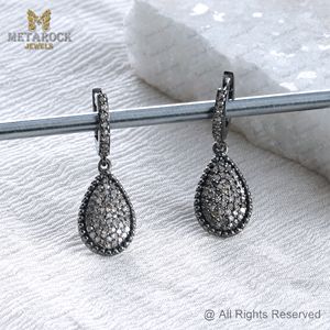 Pendientes de Aro en Forma de Lágrima de Plata 925 Oxidada con Diamantes Pavé Estilo Champán, Joyería Fina Hecha a Mano al por Mayor - Product Image 5