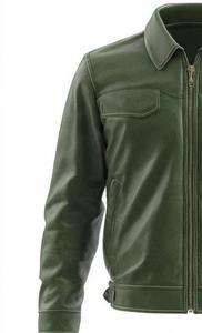 High Quality Men's Green Leather Moto <b>Jacket</b> Turn-down Collar Zipper Closure Regular Fit Autumn Style - Product Image 4