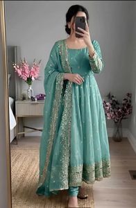 Traditional Georgette Salwar Kameez Heavy Embroidery <b>Work</b> Border Lace Dupatta Partywear Wrinkle-Free Anarkali Three Piece Dress - Product Image 2
