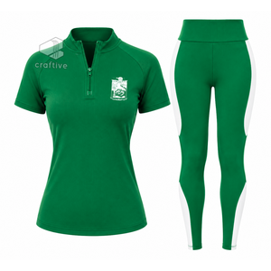 Iota Phi Lambda <b>Women's</b> Workout Set Quarter Zip Top Short Sleeve High Waist <b>Leggings</b> With <b>White</b> Stripe Sports Activewear Set - Product Image 1