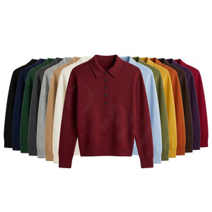Polo en gros élégant marron en maille avec col boutonné, doux et confortable, à manches longues, décontracté, en coton et polyester - Product Image 1