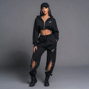 Mujeres Crop Distress bordado chándal Streetwear Jogger Sun Fad cremallera Sudadera con capucha y pantalones de chándal Crop Distress bordado chándal - Product Image 3