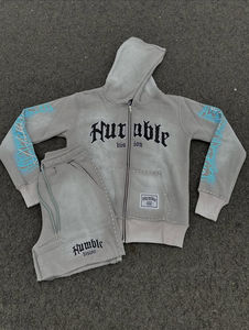 Ensemble personnalisé veste zippée et short, survêtement vintage délavé à l'acide avec fermeture éclair, ensemble sweat à capuche zippé et short de jogging orné de strass et imprimé DTG - Product Image 4