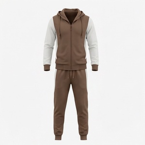 Chándal con Capucha para Hombre, Color Marrón y Blanco, con Bloques de Color, Manga Larga, Cierre de Cremallera, Ropa Deportiva Informal con Bolsillos Laterales, para Otoño - Product Image 1