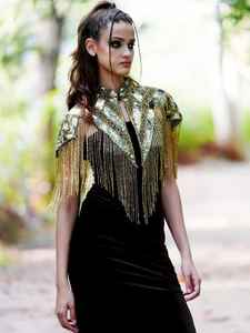 Cape d'épaule à franges perlées en gros |   Écharpe de soirée artisanale à sequins pour robes de soirée et costumes de scène de concours - Product Image 3