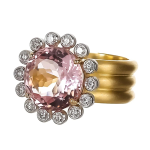 Luxury Women's <b>Gold</b> Morganite <b>Cocktail</b> <b>Ring</b> With Round Brilliant Cut Diamond Halo Flower Shape Engagement <b>Ring</b> - Product Image 2