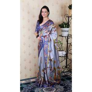 Sari traditionnel chinois en soie Tussar bleue, tissé avec des fils Zari, Pattachitra - Product Image 6