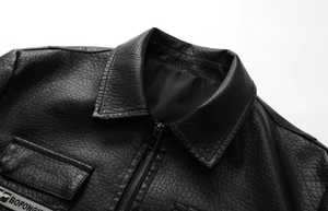 <b>Men's</b> Black Genuine <b>Leather</b> Waterproof Moto <b>Jacket</b> Stand Collar Zipper Closure High Street Style Regular Fit Autumn - Product Image 4