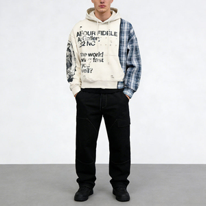 Sweat-shirt à capuche pour homme, patchwork à carreaux, surdimensionné, style streetwear, pull-over, tricoté, veste décontractée d'automne - Product Image 5