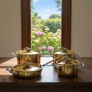 Ensemble de casseroles et poêles décoratives en acier inoxydable, style turc fait main, finition martelée dorée, écologique, motif raisins - Product Image 2