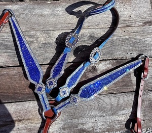 Harnais de selle western personnalisable en cuir véritable souple et naturel, orné de strass bleus, durable - Product Image 6