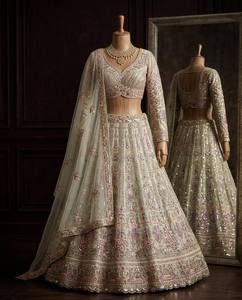 LAHENGA CHOLI DUPATTA BUTTER <b>FLY</b> <b>NET</b> SEQUNCE EMBROIDERY WITH CANCAN & CANVAS PATTA - Product Image 4
