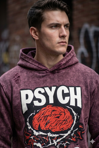 Sudadera con capucha oversize para hombre, estilo streetwear, con estampado gráfico de cerebro psicodélico, vintage, con lavado ácido y efecto desgastado, morado y granate, de tejido grueso. - Product Image 5
