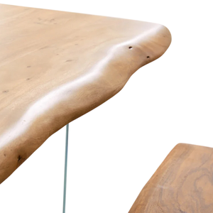 Mesa de comedor de diseño contemporáneo con patas de vidrio y tablero de madera de acacia maciza con acabado natural y borde natural, calidad de exportación para el hogar y la cocina. - Product Image 3