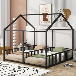 Letti a piattaforma in metallo nero per bambini, due letti condivisi, dimensione Twin - Product Image 1