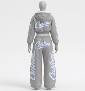 Survêtements en tissu 100% coton imprimés avec des motifs personnalisés, nouveau look vintage, sweat à capuche zippé court avec pantalon évasé, ensemble deux pièces - Product Image 3