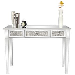 Table console en MDF argenté avec surface miroir et verre brisé, bureau d'ordinateur à trois niveaux - Product Image 4