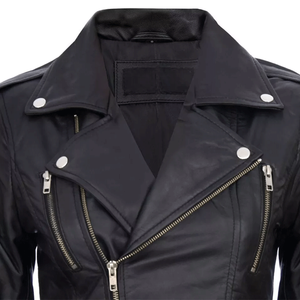 Women's Black Soft Multi-Zip Breathable Windproof High-Quality Nappa Leather Winter <b>Biker</b> <b>Jacket</b> - Product Image 6