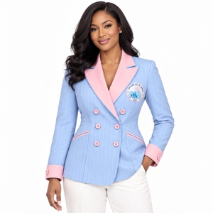 Blazer formel brodé croisé à rayures bleu et rose pour femmes JJOA Jack and Jill of America, vente en gros sur mesure - Product Image 3