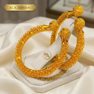 กำไลลายดอกไม้สีทอง ชุบทอง 24K เครื่องประดับงานแต่งงานสำหรับผู้หญิง AC1GB006N - Product Image 1