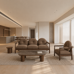 Sofá Moderno de 3 Plazas en Madera de Nogal con Cojines Redondos, Tapizado en Tela, para Sala de Estar, Hotel, Apartamento o Villa - Product Image 4
