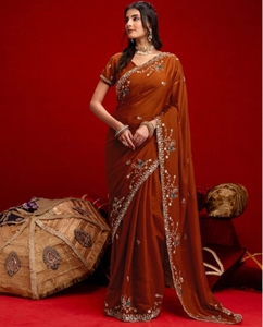 KV Women's Embroidered, Embellished Bollywood Georgette <b>Saree</b> With Unstitched Blouse (<b>Orange</b>) - Product Image 3