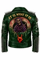 Blouson de moto en cuir vert pour homme, style punk, à manches longues, avec clous, patchs tête de mort, fermeture éclair, col rabattable, automne