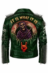 Chaqueta de cuero verde punk para hombre con púas, parches de calaveras, cierre de cremallera, cuello vuelto, acolchado de poliéster para otoño - Product Image 2