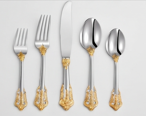 Elegante Juego de Cubiertos de Acero Inoxidable con Detalles en Dorado, Acabado Espejo, Apto para Lavavajillas, para Bodas y Cenas - Product Image 1