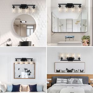Applique da Parete Industriale Moderna Nera da 24 Pollici a 4 Luci per Bagno con Paralumi in Vetro Trasparente, Specchio e Illuminazione per Vanità - Product Image 4
