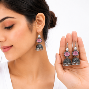Pendientes de Campana Tribales Oxidados con Piedra Ovalada Rosa Monalisa |   Joyería india vintage hecha a mano |   Pendientes de estilo bohemio para festivales - Product Image 1
